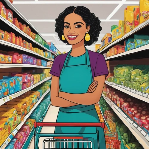 cashier,shopkeeper,woman shopping,grocery,supermarket shelf,supermarket,shopping icon,grocer,consumer,grocery shopping,shopper,grocery store,vector illustration,afroamerican,groceries,salesgirl,grocery cart,clerk,african american woman,shopping icons,Illustration,Abstract Fantasy,Abstract Fantasy 08