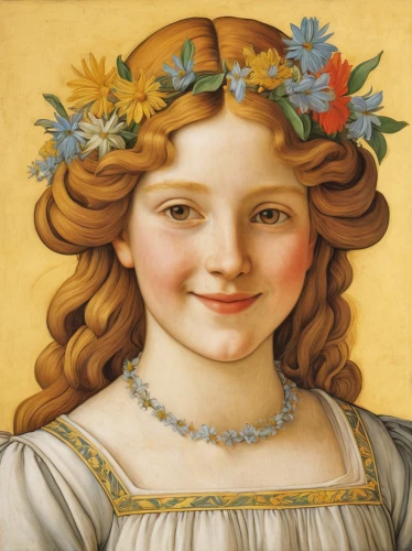girl in flowers,marguerite,girl picking flowers,portrait of a girl,flower crown of christ,kate greenaway,botticelli,young girl,girl in a wreath,jessamine,flower girl,child portrait,milkmaid,girl with bread-and-butter,beautiful girl with flowers,tanacetum balsamita,virgo,mary-gold,hipparchia,flower painting,Art,Classical Oil Painting,Classical Oil Painting 43