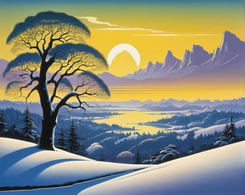 snow landscape,winter landscape,snowy landscape,mountain scene,snow scene,mountain landscape,mountain sunrise,mountainous landscape,snowy mountains,snowy peaks,winter background,alpine sunset,snow trees,snow mountain,cool woodblock images,snow mountains,crescent moon,mountains snow,japanese mountains,snow fields,Illustration,Vector,Vector 09