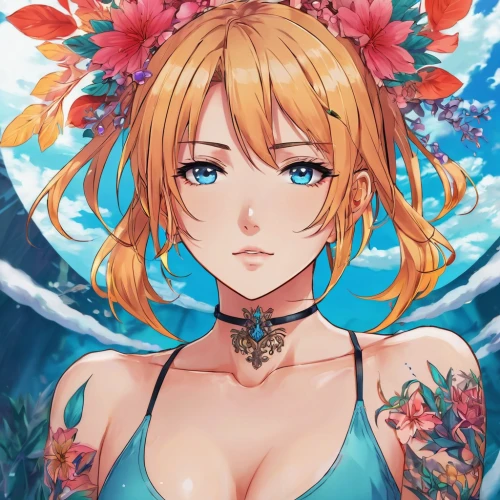 nami,summer crown,summer flower,flora,lilies,colorful floral,summer background,lilikoi,aloha,orange lily,flower crown,floral,honolulu,summer bloom,floral background,luau,underwater background,summer swimsuit,fiori,mermaid background,Illustration,Japanese style,Japanese Style 03