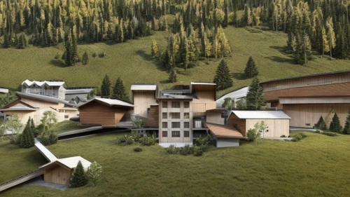 eco hotel,escher village,3d rendering,ski resort,house in mountains,school design,house in the mountains,eco-construction,bendemeer estates,cube stilt houses,ski facility,north american fraternity and sorority housing,apartment complex,crane houses,building valley,render,dunes house,mountain settlement,alpine village,model house,Common,Common,Natural