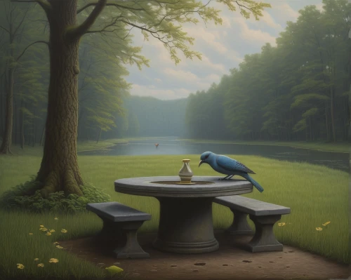 bird painting,idyll,surrealism,bluebird perched,fantasy picture,bird bath,picnic table,ornithology,gnomes at table,world digital painting,bird kingdom,solitude,bird bird kingdom,breakfast table,narcissus,romantic scene,photomanipulation,outdoor table,groenendael,sweet table,Conceptual Art,Daily,Daily 30