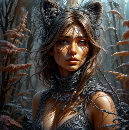 fantasy portrait,huntress,fantasy art,dryad,the enchantress,feral,wild cat,fantasy picture,feline,faerie,sorceress,faun,undergrowth,feline look,faery,heroic fantasy,fawn,feral cat,lynx,female warrior