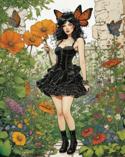 garden fairy,vanessa (butterfly),flower fairy,nasturtium,rosa 'the fairy,nasturtiums,rosa ' amber cover,rosa ' the fairy,clove garden,butterfly dolls,girl in the garden,julia butterfly,hesperia (butterfly),cupido (butterfly),fairy tale character,little girl fairy,faerie,girl in flowers,flower garden,butterflies,Illustration,American Style,American Style 06