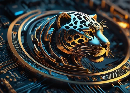 jaguar,cheetah,cinema 4d,lion,leopard,chainlink,blue tiger,panther,fractalius,lion capital,digiart,leopard head,biomechanical,royal tiger,cryptocoin,cybernetics,digital currency,cyber,lion fountain,3d render,Photography,General,Sci-Fi