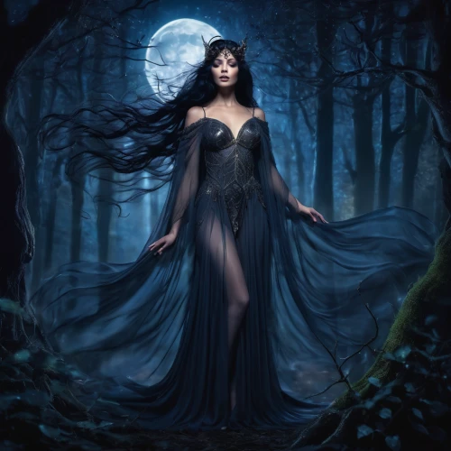 gothic woman,queen of the night,sorceress,gothic dress,blue enchantress,the enchantress,faerie,dark angel,lady of the night,fantasy picture,gothic fashion,faery,fairy queen,gothic portrait,dark gothic mood,the night of kupala,fantasy art,vampire woman,rusalka,moonlit,Illustration,Realistic Fantasy,Realistic Fantasy 02