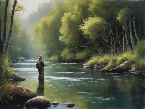 fly fishing,river landscape,girl on the river,fisherman,the blonde in the river,brook landscape,river cooter,clear stream,flowing creek,oil painting on canvas,oil painting,freshwater,fishing,a river,fishing float,jordan river,backwater,river,people fishing,creek,Illustration,Paper based,Paper Based 18