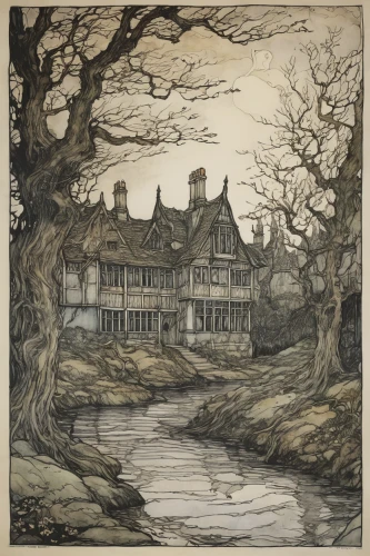 arthur rackham,witch's house,elizabethan manor house,house drawing,house with lake,witch house,house in the forest,house by the water,house hevelius,moated,country house,vintage drawing,half-timbered,house silhouette,house painting,flock house,lincoln's cottage,country hotel,cottage,half-timbered house,Illustration,Retro,Retro 25