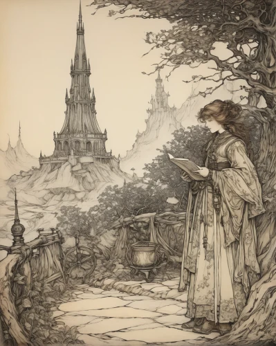 arthur rackham,woman at the well,kate greenaway,girl studying,child with a book,book illustration,women's novels,the pied piper of hamelin,bookselling,woman holding pie,bookplate,vintage illustration,pilgrims,itinerant musician,hans christian andersen,reading magnifying glass,readers,hymn book,children's fairy tale,hand-drawn illustration,Illustration,Retro,Retro 25