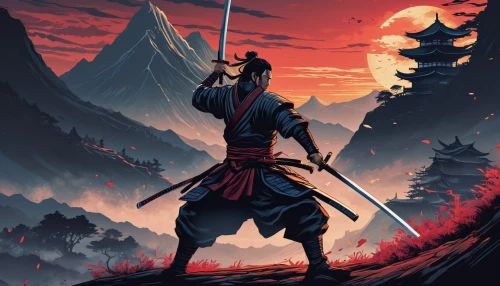 samurai,samurai fighter,swordsman,mulan,yi sun sin,samurai sword,lone warrior,katana,red sun,game illustration,kenjutsu,shinobi,scythe,the wanderer,swordsmen,rising sun,xing yi quan,longbow,sōjutsu,heroic fantasy,Illustration,Realistic Fantasy,Realistic Fantasy 25