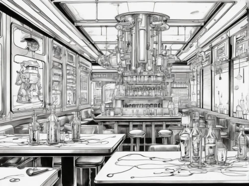 soda fountain,diner,paris cafe,ice cream parlor,china cabinet,laboratory,dining room,big kitchen,tearoom,parisian coffee,kitchen,engine room,the kitchen,retro diner,chemical laboratory,breakfast room,orrery,office line art,soda shop,the coffee shop,Illustration,Black and White,Black and White 34