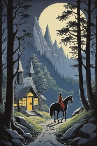 man and horses,mountain scene,farmer in the woods,house in the forest,the spirit of the mountains,travel poster,mountain hut,mountain village,banff,home landscape,mountain huts,house in mountains,david bates,studio ghibli,the cabin in the mountains,children's fairy tale,zermatt,black forest,night scene,fairy tale icons,Illustration,Black and White,Black and White 22