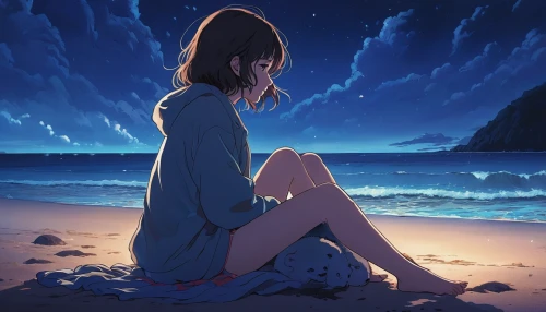 sea night,azure,violet evergarden,ocean,clear night,tsumugi kotobuki k-on,blue sea,blu,himuto,summer evening,blue hour,blue rain,ocean blue,moonlight,blue moment,longing,dark beach,studio ghibli,sea,to be alone