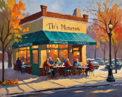 the coffee shop,watercolor cafe,new york restaurant,tearoom,coffee shop,marocchino,yolanda's-magnolia,breakfast table,a restaurant,bistro,ann margarett-hollywood,coffeehouse,outdoor dining,restaurants,woman at cafe,afternoon tea,one autumn afternoon,men sitting,autumn morning,the autumn,Conceptual Art,Oil color,Oil Color 22