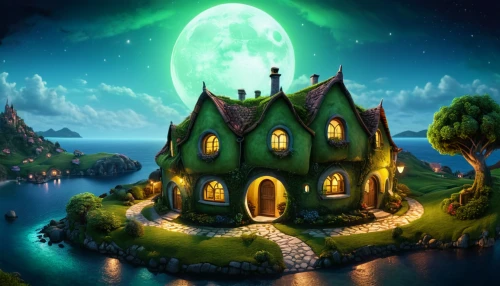 witch's house,fairy tale castle,fairy house,witch house,fantasy picture,halloween background,ghost castle,the haunted house,fairytale castle,fairy village,haunted castle,fantasy landscape,cartoon video game background,moonlit night,aurora village,green aurora,fairy door,beautiful home,devilwood,3d fantasy,Illustration,Abstract Fantasy,Abstract Fantasy 06