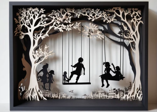 nursery decoration,puppet theatre,children's fairy tale,shadowbox,paper art,happy children playing in the forest,wooden swing,child's frame,decorative frame,silhouette art,children's room,frame illustration,floral silhouette frame,tree swing,tree with swing,marionette,swing set,wood frame,frame border illustration,halloween frame,Unique,Paper Cuts,Paper Cuts 10