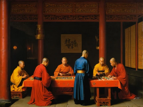 buddhists monks,dongfang meiren,monks,oriental painting,buddhists,the abbot of olib,orange robes,orientalism,chinese art,meticulous painting,buddhist monk,wise men,candlemas,chinese temple,holy supper,theravada buddhism,luo han guo,hall of supreme harmony,three wise men,chess game,Art,Classical Oil Painting,Classical Oil Painting 41