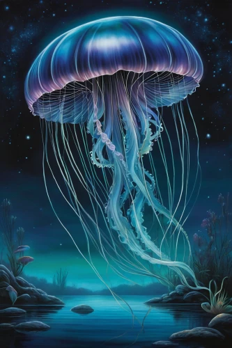 mushroom landscape,jellyfish,jellyfish collage,blue mushroom,cnidaria,mushroom island,sea jellies,club mushroom,lion's mane jellyfish,polyp,jellyfishes,bioluminescence,underwater landscape,fungal science,cd cover,deep sea nautilus,mushrooms,mushroom,psychedelic art,horoscope libra,Conceptual Art,Fantasy,Fantasy 30