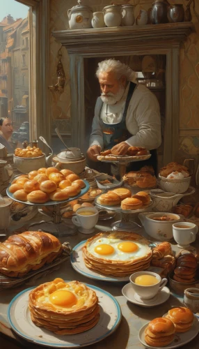 pastries,dwarf cookin,plate of pancakes,bakery,still life with jam and pancakes,sfogliatelle,sufganiyah,viennese cuisine,pastry shop,zeppole,sweet pastries,pastiera,russian folk style,breakfast table,croissants,breakfast on board of the iron,cream puffs,bread eggs,cookery,galette des rois,Illustration,Realistic Fantasy,Realistic Fantasy 28