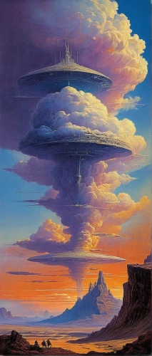 futuristic landscape,ufo,ufos,flying saucer,ufo intercept,saucer,mushroom island,alien ship,alien world,brauseufo,mushroom landscape,alien planet,valerian,vast,voyager,ufo interior,horizon,vulcania,science-fiction,zeppelins,Conceptual Art,Sci-Fi,Sci-Fi 19