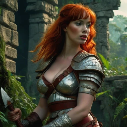 fantasy woman,massively multiplayer online role-playing game,celtic queen,background ivy,the enchantress,heroic fantasy,fantasy art,fantasy portrait,female warrior,redheads,fantasy picture,huntress,swordswoman,artemisia,ivy,red tunic,fantasy warrior,sorceress,merida,red-haired,Conceptual Art,Fantasy,Fantasy 01