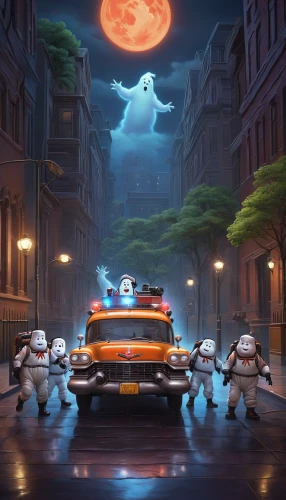 disney baymax,ghostbusters,ghost car rally,moon car,halloween background,halloween ghosts,halloween poster,halloween scene,baymax,cg artwork,sci fiction illustration,halloween car,halloween wallpaper,ghost car,ecto-1,violinist violinist of the moon,night scene,neon ghosts,halloween illustration,stormtrooper,Illustration,Realistic Fantasy,Realistic Fantasy 26