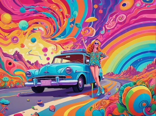 psychedelic art,psychedelic,lsd,colorful background,60s,background colorful,bobby-car,cool pop art,acid,groovy,pop art colors,colorful life,garish,colorful,colorfull,3d car wallpaper,girl and car,rainbow background,have a good trip,trabant,Conceptual Art,Oil color,Oil Color 23
