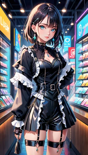 checkered background,anime japanese clothing,cyber,shopping icon,cyber glasses,cashier,chainlink,transparent background,salesgirl,convenience store,honmei choco,piko,french digital background,anime girl,clerk,harajuku,librarian,cg artwork,barista,persona,Anime,Anime,General