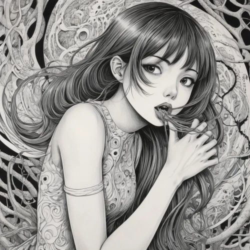 fantasy portrait,the enchantress,faerie,filigree,tiger lily,moonflower,mystical portrait of a girl,dryad,faery,fallen petals,oriental girl,overgrown,pencil drawings,kahila garland-lily,graphite,oriental princess,detail shot,lily of the field,tendrils,lineart,Illustration,Black and White,Black and White 07
