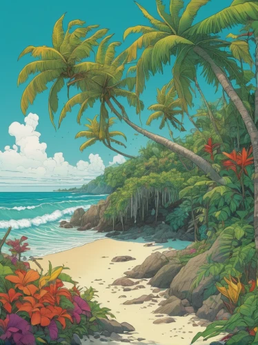 tropical beach,beach landscape,tropical sea,tropical floral background,beach scenery,tropics,tropical island,coastal landscape,honolulu,dream beach,caribbean beach,palmtrees,luau,jamaica,mountain beach,paradise beach,ocean paradise,tropical bloom,an island far away landscape,coconut trees,Illustration,Realistic Fantasy,Realistic Fantasy 04