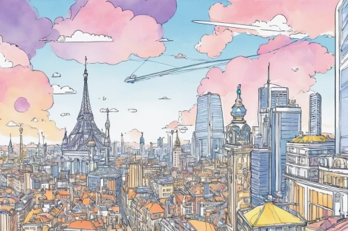 french digital background,colorful city,fantasy city,sky city,cityscape,panoramical,sky apartment,paris,fantasy world,dream world,city cities,backgrounds,city skyline,skyline,city panorama,big city,cities,pink city,skyscrapers,city view,Illustration,Children,Children 01