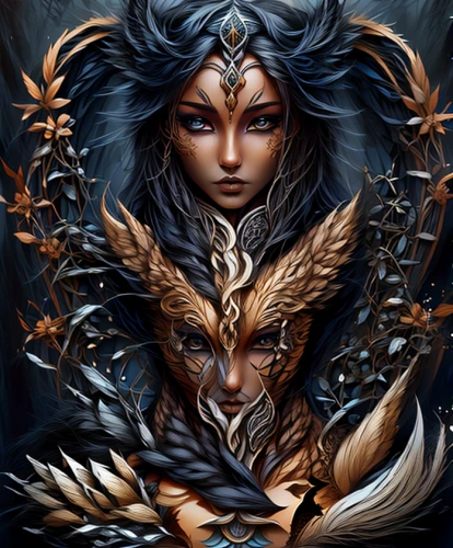 fantasy art,harpy,warrior woman,sorceress,fantasy portrait,crow queen,female warrior,dryad,priestess,feathers,faery,feathers bird,gryphon,feather headdress,fantasy woman,the enchantress,goddess of justice,shamanic,faerie,firebird