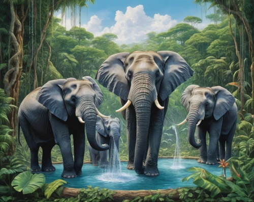 elephants,elephant herd,african elephants,cartoon elephants,elephants and mammoths,elephant camp,elephantine,african elephant,asian elephant,pachyderm,watering hole,blue elephant,elephant,tropical animals,forest animals,elephant ride,indian elephant,mandala elephant,circus elephant,oil painting on canvas,Illustration,Paper based,Paper Based 08