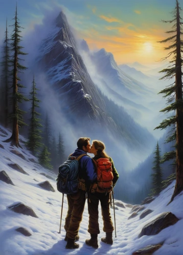 mountaineers,hikers,alpine crossing,mountain scene,backpacking,mountain rescue,mountain hiking,hiking equipment,mountain guide,travelers,cascade mountain,snowy peaks,forest workers,skiers,mountain boots,mountain peak,mount everest,boy scouts,snowy mountains,mountaineering,Illustration,Realistic Fantasy,Realistic Fantasy 32