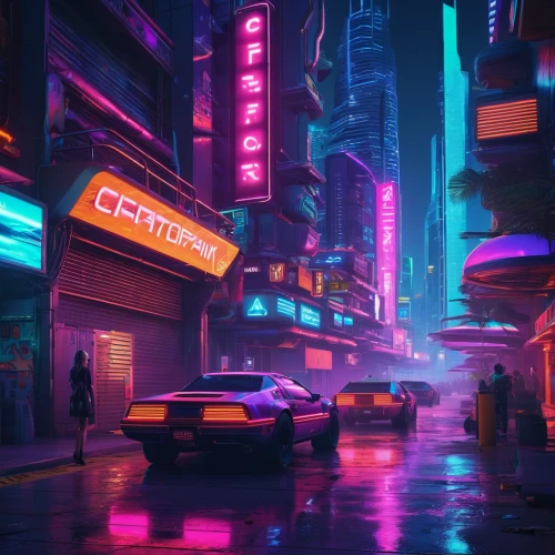 cyberpunk,neon arrows,colorful city,80s,neon coffee,80's design,cityscape,neon,neon drinks,retro diner,neon lights,urban,retro background,street canyon,retro styled,neon cocktails,vapor,neon ghosts,fantasy city,city corner,Conceptual Art,Sci-Fi,Sci-Fi 26