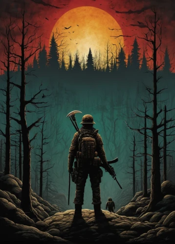 game illustration,woodsman,dusk background,fallout,game art,forest workers,post apocalyptic,lost in war,sci fiction illustration,the wanderer,map silhouette,mobile video game vector background,ranger,rifleman,fallout4,apocalypse,post-apocalyptic landscape,scorched earth,post-apocalypse,cartoon video game background,Illustration,Abstract Fantasy,Abstract Fantasy 19