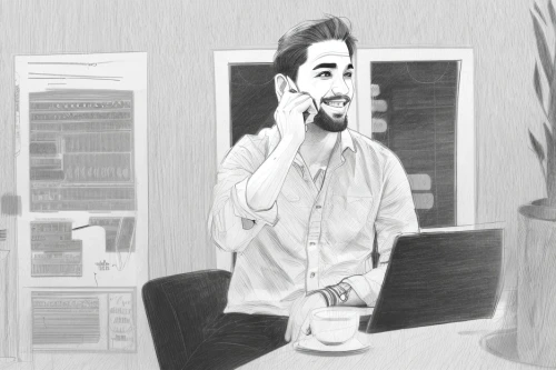 man talking on the phone,coffee tea illustration,coffee tea drawing,phone call,online meeting,video-telephony,caricature,camera illustration,video call,video conference,blur office background,on the phone,animator,videoconferencing,illustrator,telemarketer,digital drawing,animated cartoon,digital art,camera drawing,Design Sketch,Design Sketch,Character Sketch