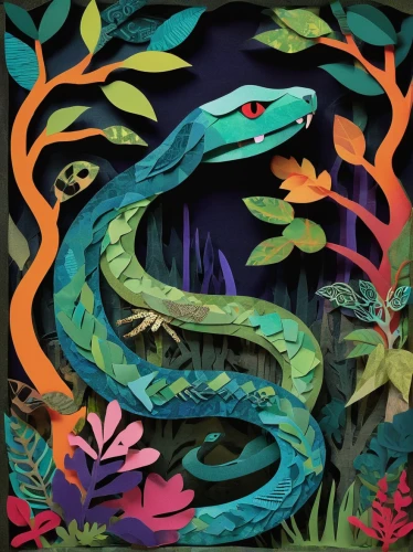 tree snake,serpent,green tree snake,boa constrictor,garter snake,constrictor,quetzal,paper snakes,blue snake,water snake,tropical animals,basilisk,snake tree,reptiles,green snake,painted dragon,splendor skink,tree python,skink,forest dragon,Unique,Paper Cuts,Paper Cuts 07