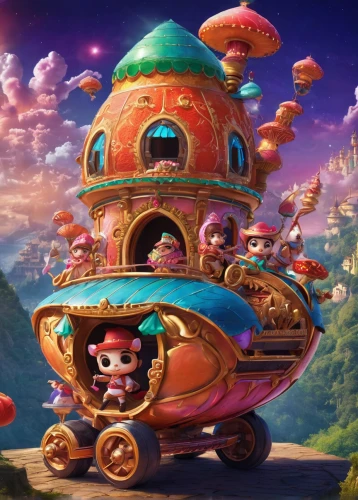 moon car,mushroom island,flower car,scandia gnomes,mushroom landscape,fruit car,moottero vehicle,odyssey,stylized macaron,toadstools,baby mobile,fantasy city,dormobile,cartoon car,new vehicle,baron munchausen,fantasy world,gas planet,children's ride,chariot,Illustration,Realistic Fantasy,Realistic Fantasy 02