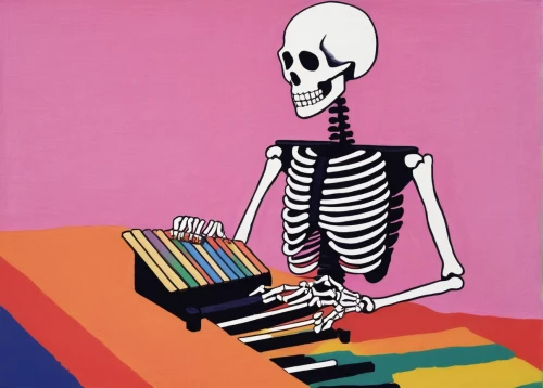 vintage skeleton,piano books,skeletal,day of the dead skeleton,xylophone,skeletal structure,accordionist,pianist,piano player,skeleton,human skeleton,piano,organist,music books,modern pop art,construction paper,long playing record,textbooks,cool pop art,skeleltt,Art,Artistic Painting,Artistic Painting 09