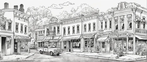 watercolor shops,mono-line line art,store fronts,virginia city,mono line art,concept art,deadwood,backgrounds,paris shops,watercolor paris shops,victorian,street scene,game drawing,coloring page,pencils,ghost town,pastry shop,hand-drawn illustration,vintage drawing,shopping street,Illustration,Black and White,Black and White 34