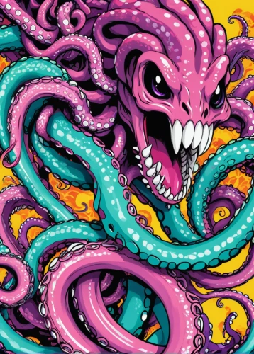 pink octopus,paisley digital background,tentacles,tentacle,kraken,octopus vector graphic,octopus,fun octopus,octopus tentacles,medusa gorgon,wyrm,polyp,painted dragon,gorgon,psychedelic art,sea monsters,cuthulu,medusa,calamari,cephalopod,Illustration,Japanese style,Japanese Style 04