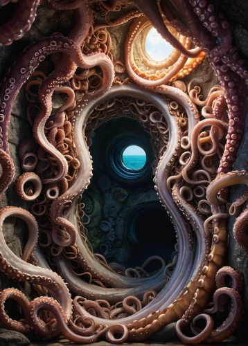 deep sea nautilus,polyp,fractal environment,wormhole,the bottom of the sea,tentacle,ocean floor,helix,undersea,sea cave,bottom of the sea,nautilus,maelstrom,deep sea,exploration of the sea,mandelbulb,time spiral,tentacles,cuthulu,under sea