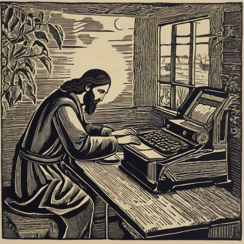 woodcut,man with a computer,girl at the computer,printmaking,manuscript,woodblock prints,woodblock printing,cool woodblock images,work in the garden,writing or drawing device,the girl studies press,parchment,typing machine,typewriting,writing-book,computer addiction,to write,book illustration,typesetting,computer,Art,Artistic Painting,Artistic Painting 50