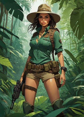 park ranger,vietnam,safari,lara,biologist,khaki,girl with gun,ranger,gi,patrol,game illustration,jungle,vietnam's,girl with a gun,woman holding gun,camo,explorer,cuba background,vietnam veteran,liberia,Conceptual Art,Fantasy,Fantasy 08