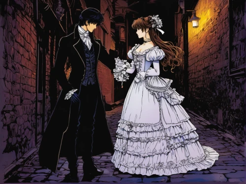 clamp,victorian fashion,anime japanese clothing,bridal clothing,gothic fashion,victorian style,hamelin,overskirt,wedding couple,bride and groom,husband and wife,the victorian era,prince and princess,young couple,wedding dress,wedding gown,wedding dresses,formal wear,silver wedding,gothic dress,Illustration,Japanese style,Japanese Style 13