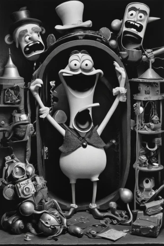 frankenweenie,dancing dave minion,tin can,clay animation,endoskeleton,chicken run,transistors,movie camera,minions,tin cans,cabaret,anthropomorphic,despicable me,johnny jump up,madagascar,tin toys,anthropomorphized,bert,nuts and bolts,watchmaker,Photography,Black and white photography,Black and White Photography 11