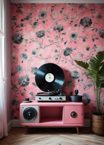 pink floral background,retro turntable,record player,vinyl player,vintage wallpaper,valentine's day décor,vinyl records,flower wall en,pink background,fifties records,shabby-chic,hi-fi,the little girl's room,pink lady,floral background,pink magnolia,clove pink,vintage kitchen,vinyl record,phonograph record,Illustration,Abstract Fantasy,Abstract Fantasy 18