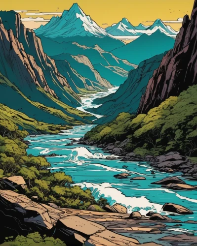 river landscape,mountain river,mountain scene,patagonia,mountains,mountain landscape,mountainous landscape,valley,the landscape of the mountains,fjord,mountain valley,travel poster,denali,mountain valleys,nationalpark,fjords,a river,mountain range,montana,glacier national park,Illustration,Vector,Vector 11