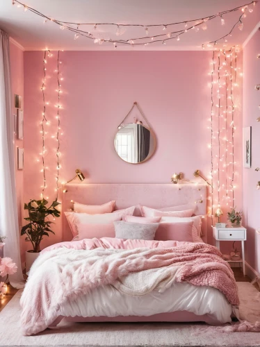 valentine's day décor,bedroom,the little girl's room,fairy lights,light pink,baby pink,pink squares,color pink white,baby room,pink dawn,rose pink colors,pink white,pink scrapbook,october pink,canopy bed,natural pink,string lights,sleeping room,color pink,pink-white,Conceptual Art,Fantasy,Fantasy 20